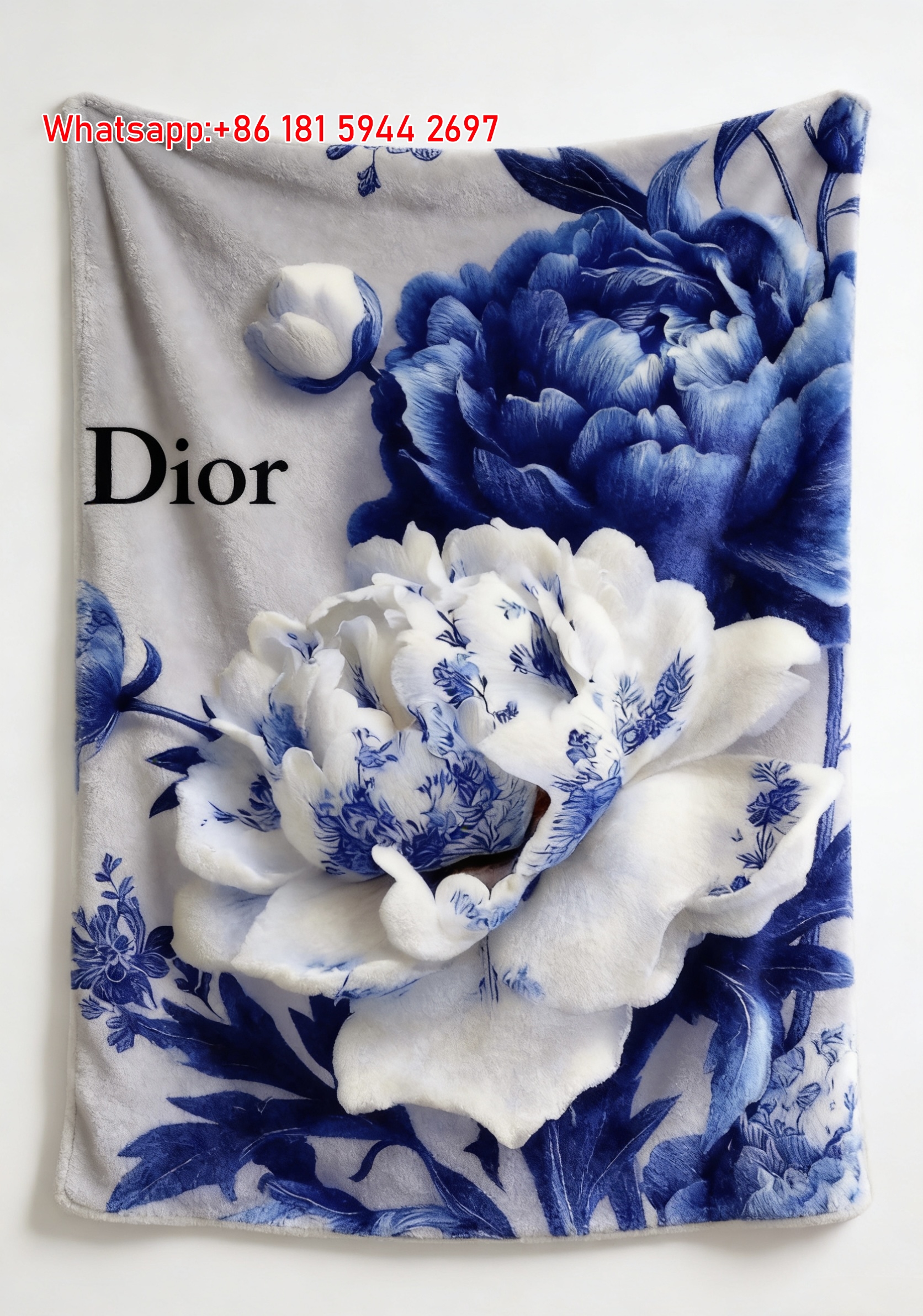Dior Blue White Porcelain Floral Flannel Sofa Throw Blanket D022